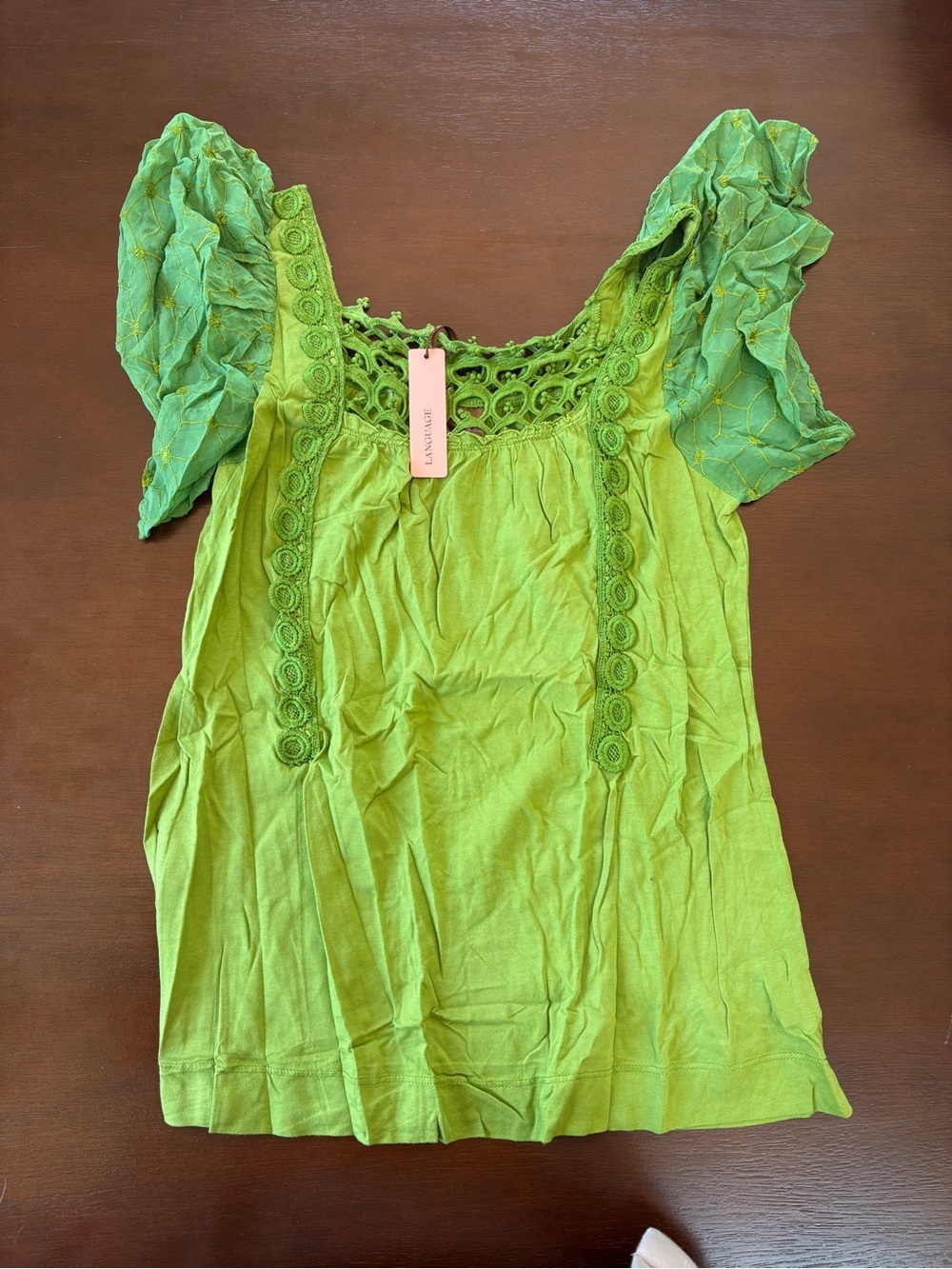 Language Lime Green Crochet Yoke Puff Sleeve Top